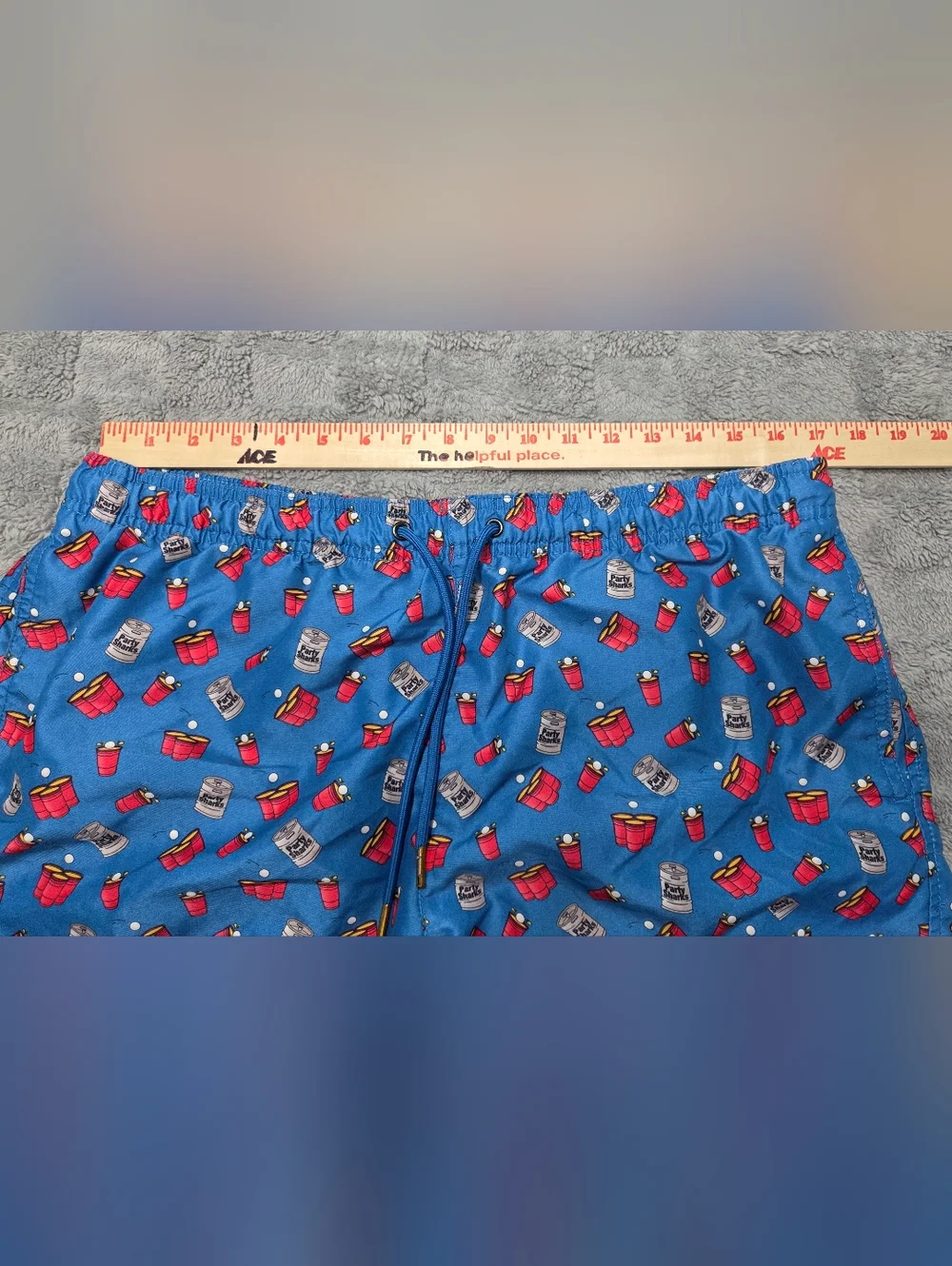 Party Sharks Swim Trunks Men's Blue Printed Swim Trunks with Fun Red Cup Pattern - Picture 4 of 9